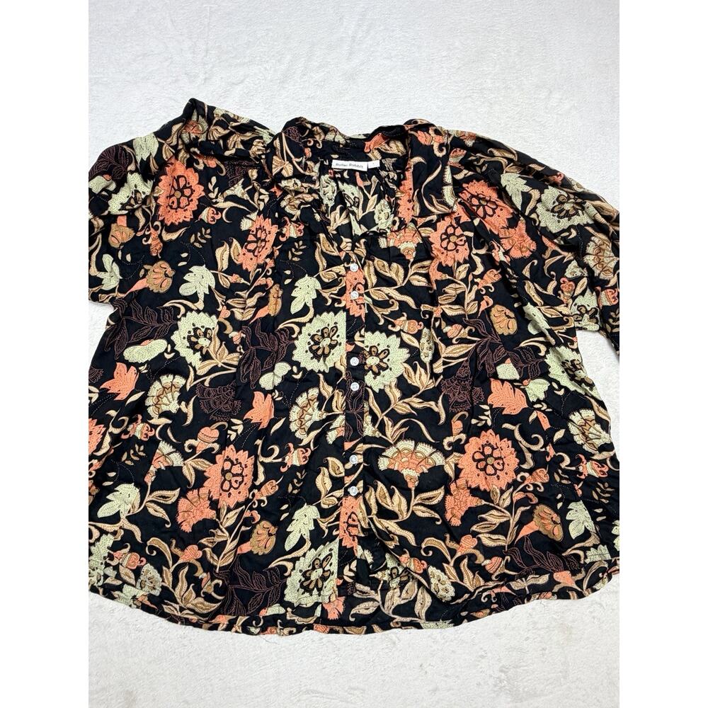 Roller Rabbit Block Print Cotton Blouse Sz L Black Floral Grandmillennial Remix